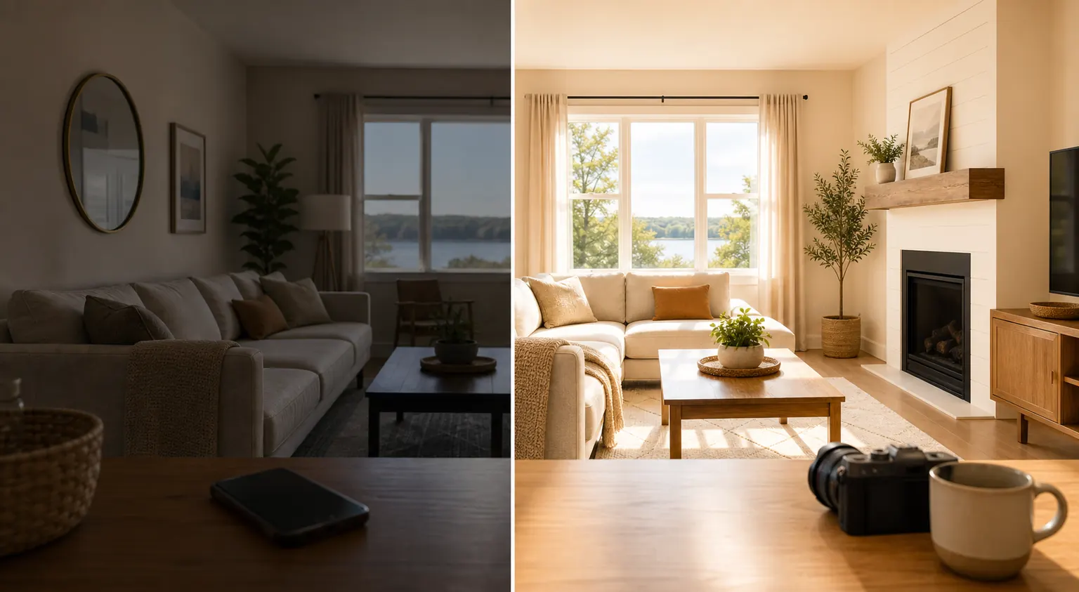 A dim short-term rental living room photo compared with a brighter listing-ready version of the same room