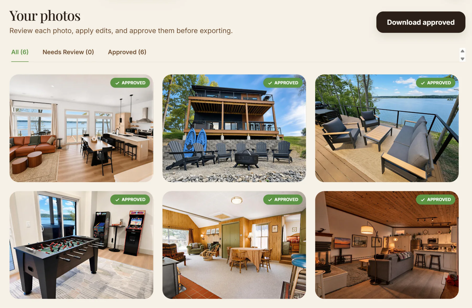 Six reviewed property photos marked approved with the download approved button visible