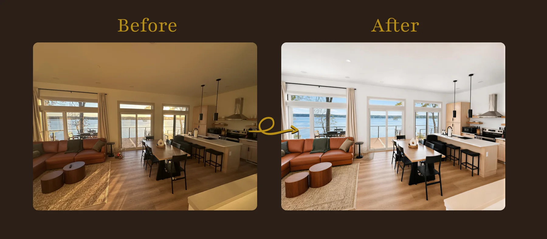 Before and after comparison showing a dark lake-house interior made brighter and clearer