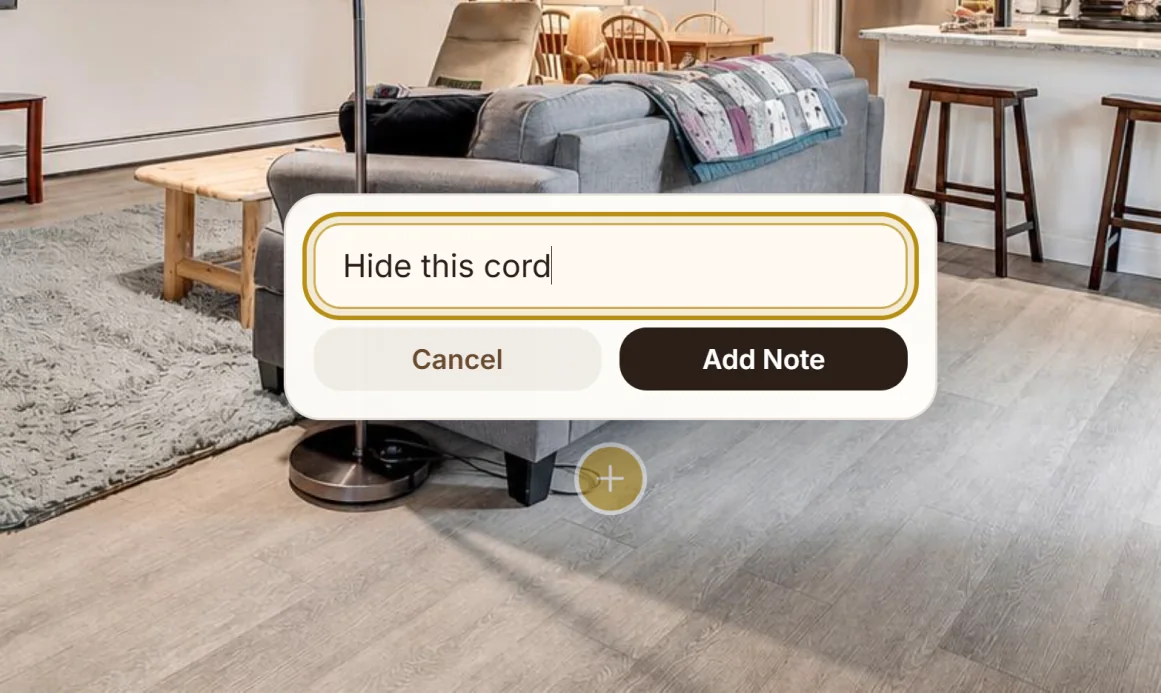 Edit note placed beside a floor-lamp cord with the instruction to hide the cord