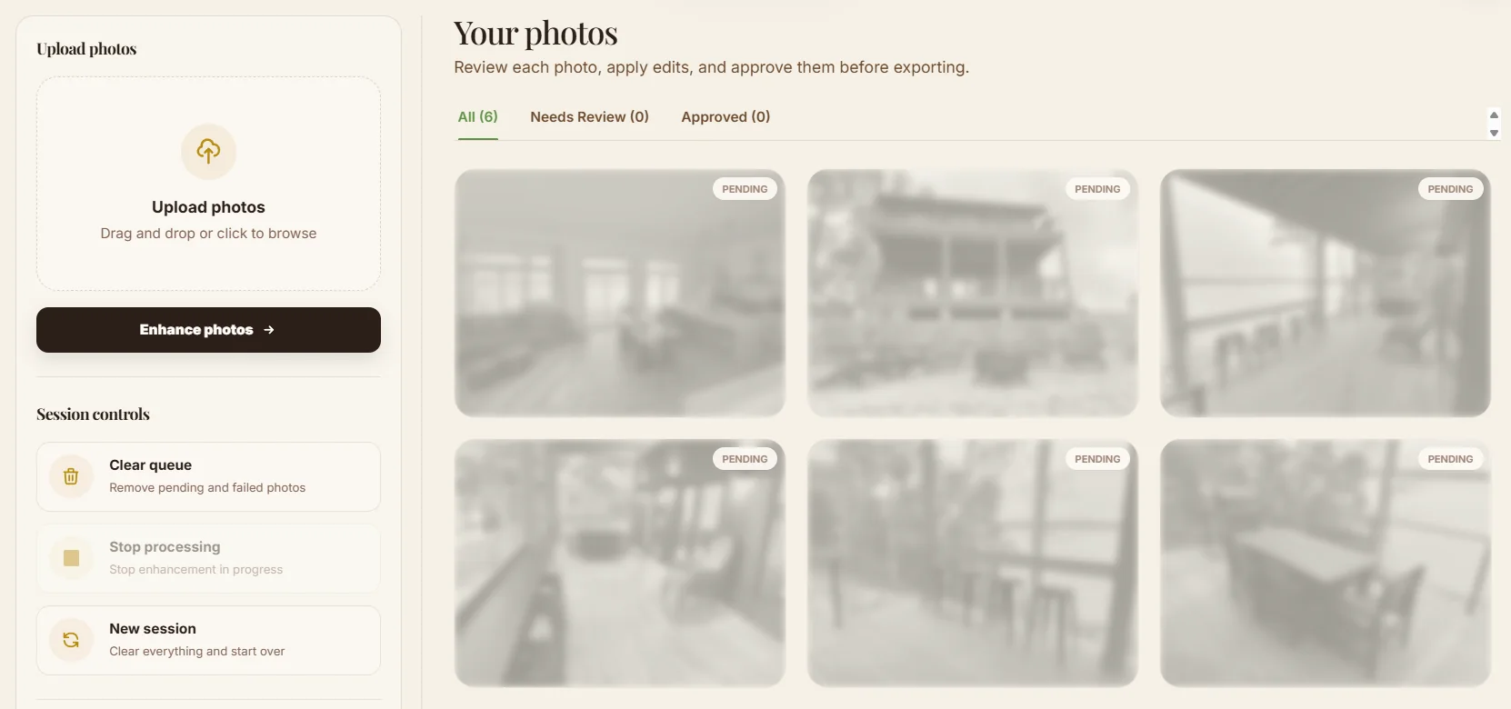 Six uploaded property photos waiting to be enhanced in the PerfProperty workspace