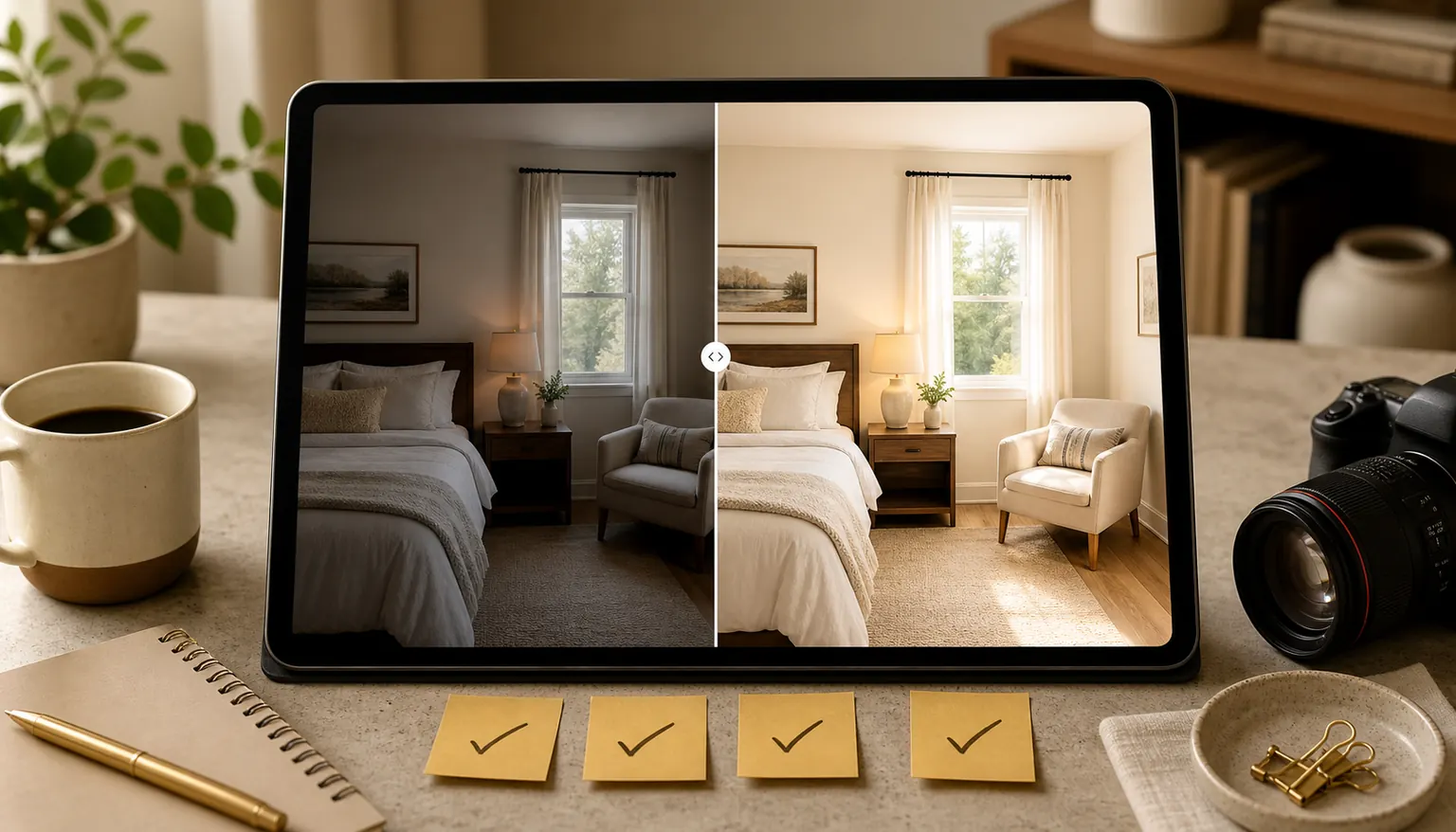 A tablet showing a before and after bedroom listing photo review with the room layout preserved